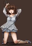  blush brown_eyes brown_hair cable kneeling microphone original sinzire solo striped 