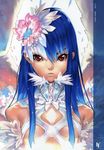  absurdres blue_hair feathers flat_chest flower hair_ornament hakua_ugetsu long_hair portrait red_eyes solo wings 