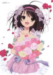  absurdres ahoge bouquet brown_hair duplicate flower highres huge_ahoge ikeda_shouko magazine_scan megami megami_deluxe official_art pink_flower pink_rose red_flower red_rose rose scan short_hair solo suzumiya_haruhi suzumiya_haruhi_no_yuuutsu yellow_flower yellow_rose 