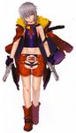  absurdres bakuretsu_tenshi boots desert_eagle dual_wielding fringe_trim gloves gun hakua_ugetsu handgun highres holding jo_(bakuretsu_tenshi) midriff navel pistol red_eyes short_hair silver_hair solo weapon 