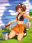  absurdres apron beach_house brown_hair inou_shin midriff navel necklace ocean paint paint_bucket painting solo sports_bra sunglasses yellow_eyes 