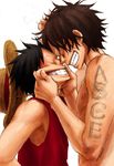  airotagivan bad_id bad_pixiv_id cheek_pinching closed_eyes face_stretching happy hat monkey_d_luffy multiple_boys one_piece pinching portgas_d_ace simple_background smile straw_hat tattoo 