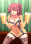  absurdres beer_mug boots breasts cleavage collarbone cowboy_shot dress eiyuu_densetsu foam highres large_breasts long_sleeves looking_at_viewer medium_breasts one_eye_closed open_mouth orange_eyes ponytail red_hair sara_valestein sen_no_kiseki short_dress short_hair smile solo thigh_boots thighhighs yukino_memories zettai_ryouiki 