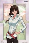  absurdres belt brown_hair fukano_youichi gundam gundam_seed gundam_seed_destiny highres long_hair official_art purple_eyes shiho_hahnenfuss solo 