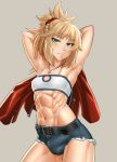  1girl abs armpits arms_up bandeau belt belt_buckle black_belt blonde_hair blush braid breasts buckle bulge collarbone covered_nipples denim denim_shorts eyebrows_visible_through_hair fate/apocrypha fate_(series) frayed_clothes futanari genderswap green_eyes grey_background hair_ornament hair_scrunchie highres jacket jewelry looking_at_viewer midriff mikoyan mordred_(fate) mordred_(fate)_(all) muscle muscular_female navel necklace ponytail red_jacket scrunchie short_hair short_shorts shorts sidelocks simple_background small_breasts smile solo strapless tubetop zipper zipper_pull_tab 