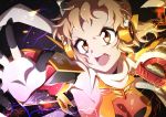  1girl absurdres blonde_hair clenched_hand commentary_request electricity headgear highres open_mouth orange_eyes scarf senki_zesshou_symphogear senki_zesshou_symphogear_xd_unlimited short_hair solo symphogear_pendant tachibana_hibiki_(symphogear) teeth yukitsuba_hina 