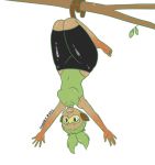  2019 accessory alternate_species animal_humanoid barefoot bottomwear branch breasts clothing dark_skin female fingers green_hair grookey hair hair_accessory hanging_by_tail hanging_from_branch hi_res humanoid humanoidized leaf leotard mammal mammal_humanoid nintendo pok&eacute;mon pok&eacute;mon_(species) primate primate_humanoid shorts small_breasts smile solo that-girl-whodraws toes upside_down video_games 