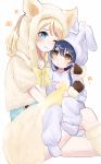  2girls age_difference animal_costume animal_hood ayase_eli bangs blonde_hair blue_eyes blue_hair blush bunny_costume bunny_hood cosplay hair_between_eyes highres hood hood_up hug kigurumi long_hair looking_at_another love_live! love_live!_school_idol_project multiple_girls one_eye_closed ponytail simple_background sitting sitting_on_lap sitting_on_person smile sonoda_umi white_background wolf_costume yellow_eyes younger 