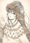  1girl absurdres autumn autumn_leaves ayukawa_madoka black_hair blouse commentary_request hair_blowing highres kimagure_orange_road leaf lips long_hair matsumoto_izumi_(mangaka) misaki_yukihiro monochrome open_collar pen_(medium) solo sweater 