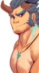  1boy bara chest dark_blue_hair ep06 face facial_hair fang highres horns jewelry looking_at_viewer male_focus muscle necklace nude red_eyes short_hair sideburns simple_background sketch smile solo stubble takemaru_(tokyo_houkago_summoners) thick_eyebrows tokyo_houkago_summoners upper_body 