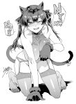  all_fours anchor animal_ears bare_shoulders breasts cat_ears cat_girl cat_tail cleavage fur-trimmed_gloves fur_trim garter_belt gloves hololive houshou_marine leotard long_hair looking_at_viewer mizuryuu_kei monochrome one_eye_closed open_mouth paw_pose sleeveless tail thighhighs 