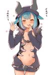  1girl alternate_color animal_ears areola_slip areolae blue_hair blush bunny_ears calm_mashiro center_opening chain cowboy_shot heart hood hood_up hound_(sekaiju) looking_at_viewer navel ok_sign sekaiju_no_meikyuu sekaiju_no_meikyuu_5 short_hair smile solo translation_request yellow_eyes 