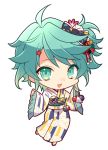  1boy :d ahoge bow chibi eyebrows_visible_through_hair floral_print flower full_body green_eyes green_hair hair_flower hair_ornament holding holostars japanese_clothes kagami_kira kimono long_sleeves looking_at_viewer male_focus nyokkiiiiin official_alternate_costume open_mouth otoko_no_ko sandals smile solo standing transparent_background virtual_youtuber wide_sleeves yukata 
