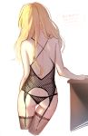 1girl absurdres ass back blonde_hair commentary cowboy_shot fishnet_legwear fishnets from_behind garter_straps highres jill_07km kirisame_marisa lingerie long_hair simple_background solo thigh_gap thighs touhou translated underwear underwear_only white_background 