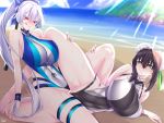  2girls bangs bare_shoulders beach black_hair black_swimsuit blue_sky blue_swimsuit blush breasts bun_cover censored covered_navel double_bun fate/grand_order fate_(series) green_eyes green_ribbon highleg highleg_swimsuit highres huge_breasts licking_lips long_hair multiple_girls one-piece_swimsuit ponytail qin_liangyu_(fate) red_eyes ribbon shore sidelocks silver_hair sky smile swimsuit tomoe_gozen_(fate/grand_order) tomoe_gozen_(swimsuit_saber)_(fate) tongue tongue_out tribadism very_long_hair watosu wet white_swimsuit yuri 