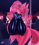  anthro big_breasts breasts canid canine clothed clothing crackiepipe denisse female fox fur hanging_breasts hi_res mammal nipple_outline partially_clothed pink_body pink_fur solo 