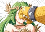  1boy 1girl automatic_giraffe bare_shoulders bowser bracelet claws clenched_hand close-up commission dated dress emphasis_lines english_commentary face_punch green_hair in_the_face jewelry kid_icarus kid_icarus_uprising mario_(series) necklace palutena punching scales spiked_bracelet spikes super_smash_bros. white_background white_dress 