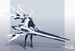  1girl absurdres asymmetrical_clothes belt cannon full_body grey_eyes hairband halo high_heels highres huge_weapon jhcrow3 long_hair mecha_musume mechanical_wings original simple_background solo standing weapon white_hair wings 