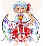  1girl blonde_hair bow crystal fangs flandre_scarlet frilled_shirt_collar frilled_skirt frilled_sleeves frills hat hat_ribbon highres mob_cap one_side_up open_mouth puffy_short_sleeves puffy_sleeves red_bow red_eyes red_ribbon red_skirt red_vest ribbon shirt short_hair short_sleeves simple_background skirt smile solo touhou vest wabun white_shirt wings 
