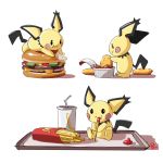 animal_ears automatic_giraffe black_eyes blush chicken_nuggets dated dipping drinking_straw eating english_commentary fast_food food french_fries gen_2_pokemon hamburger ketchup lying mcdonald&#039;s mouse_ears multiple_views no_humans on_stomach pichu pokemon pokemon_(creature) sitting smile standing white_background 