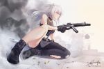  1girl animal_ears artist_name breasts cleavage clenched_teeth crop_top floating_hair grey_eyes grey_hair grey_skirt gun h&amp;k_mp5 holding holding_gun holding_weapon hololive lion_ears lion_girl lion_tail medium_breasts midriff navel shell_casing shishiro_botan signature single_legging sitting skirt skyrail solo submachine_gun tail teeth torn_clothes torn_legwear trigger_discipline v-shaped_eyebrows virtual_youtuber weapon zipper_skirt 