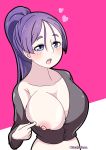  1girl :o absurdres bangs black_shirt blue_eyes blush breasts cleavage collarbone commentary_request crop_top fate_(series) heart high_ponytail highres hot_water large_breasts loungewear midriff minamoto_no_raikou_(fate/grand_order) nipples one_breast_out open_mouth parted_bangs ponytail purple_hair shirt 