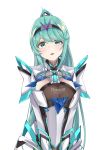 1girl :d absurdres bangs breasts chest_jewel earrings eyebrows_visible_through_hair green_eyes green_hair head_tilt highres jewelry large_breasts long_hair long_ponytail open_mouth parted_lips pneuma_(xenoblade) ponytail sarasadou_dan simple_background smile solo swept_bangs tiara upper_body very_long_hair white_background xenoblade_chronicles_(series) xenoblade_chronicles_2 