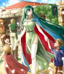  3boys 3girls alternate_costume armor bangs blue_hair boots braid breasts brown_hair cape cleavage closed_eyes delsaber dress earrings falling_petals fantasy fire_emblem fire_emblem:_the_blazing_blade green_dress green_hair highres jewelry kent_(fire_emblem) long_hair looking_up lyn_(fire_emblem) medium_breasts multiple_boys multiple_girls open_mouth petals red_hair royal sain_(fire_emblem) thigh_boots thighhighs very_long_hair 