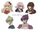  2boys 3girls amami_rantarou antenna_hair bangs black_bow black_shirt blonde_hair blush bow brown_hair collarbone collared_shirt commentary criis-chan cropped_shoulders danganronpa english_commentary facial_hair gem goatee green_eyes green_hair hair_between_eyes hair_bow hair_ornament hair_scrunchie hairclip hand_up harukawa_maki jacket long_hair looking_at_viewer medium_hair mole mole_under_eye momota_kaito multiple_boys multiple_girls nanami_chiaki neck_ribbon new_danganronpa_v3 open_clothes open_jacket pink_eyes pink_ribbon ponytail purple_eyes purple_jacket red_bow red_scrunchie ribbon scrunchie shirt short_hair simple_background smile sonia_nevermind super_danganronpa_2 twintails two-tone_shirt white_background 