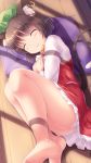  1girl :3 animal_ear_fluff animal_ears bare_shoulders blush brown_hair cat_ears cat_tail chen closed_eyes eyebrows_visible_through_hair fetal_position hat highres lying lzh mob_cap multiple_tails on_side panties pantyshot short_hair solo tail touhou two_tails underwear 