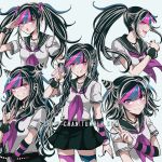 1girl :o \m/ bangs black_hair black_nails black_scrunchie black_skirt blue_hair blush breasts collarbone criis-chan danganronpa ear_piercing eyebrows_visible_through_hair grin jewelry lip_piercing long_hair looking_at_viewer mioda_ibuki mismatched_legwear multicolored_hair nail_polish neckerchief necklace open_mouth piercing pink_eyes pink_hair pleated_skirt ponytail sailor_collar school_uniform scrunchie serafuku shirt short_sleeves simple_background skirt small_breasts smile super_danganronpa_2 symbol_commentary thighhighs tongue tongue_out torn_clothes twintails upper_teeth w white_hair white_shirt wrist_scrunchie 