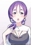  1girl :o absurdres bangs black_bra blue_eyes blush bra breasts cleavage cleavage_cutout clothing_cutout commentary_request earrings fate_(series) highres hot hot_water jewelry large_breasts looking_at_viewer low_ponytail low_tied_hair minamoto_no_raikou_(fate/grand_order) necklace open_mouth parted_bangs ponytail purple_hair shirt thick_eyebrows underwear water white_shirt 
