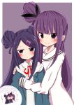  2girls absurdres bangs blush border bow commentary hair_bow hair_bun hair_ornament hairclip heart heart_hair_ornament highres hug imminent_kiss incest jinyama long_hair looking_at_viewer looking_to_the_side multiple_girls ochikobore_fruit_tart purple_background purple_eyes purple_hair school_uniform sekino_chiko sekino_roko siblings simple_background siscon sisters smile very_long_hair white_border yuri 