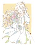  1girl blush dress flower green_eyes hair_bun highres holding holding_flower long_hair long_sleeves looking_at_viewer open_mouth original petals rose simple_background solo upper_teeth white_dress xiaociiao yellow_background 