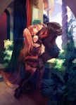  1boy 1girl absurdres armor artist_name ayuuniiart balcony boots caspar_von_bergliez commission english_commentary fine_art_parody fire_emblem fire_emblem:_three_houses highres hilda_valentine_goneril hug imminent_kiss juliet_capulet older parody romeo_and_juliet romeo_montague thigh_boots thighhighs 