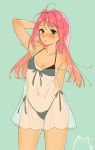  1girl arm_behind_head armpits bikini black_bikini blush breasts cat cleavage covered_navel cowlick cropped_legs dress green_eyes looking_at_viewer macross macross_7 mylene_jenius off-shoulder_dress off_shoulder parted_lips pink_hair pointy_ears sasanoneko see-through_dress small_breasts solo spaghetti_strap standing swimsuit 
