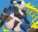  1girl angel_(kof) background_text bangs blue_eyes boots bra breasts butcha-u chaps character_name cleavage cowboy_boots cropped_jacket fingerless_gloves full_body gloves hair_over_one_eye jacket large_breasts leather leather_jacket looking_at_viewer mexican open_mouth short_hair snk solo strapless strapless_bra the_king_of_fighters the_king_of_fighters_xiv toned underwear white_hair 