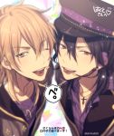  2boys ;d bangs black_hair black_headwear blurry brown_eyes character_request check_character collared_shirt commentary_request cross cross_necklace depth_of_field ensemble_stars! eyebrows_visible_through_hair hair_between_eyes hakaze_kaoru hat headset jacket jewelry light_brown_hair looking_at_viewer male_focus mashima_shima microphone multiple_boys necklace one_eye_closed open_clothes open_jacket open_mouth peaked_cap purple_shirt red_eyes sakuma_rei_(ensemble_stars!) shared_speech_bubble shiny shiny_hair shirt single_earring smile speech_bubble translation_request triangle twitter_username upper_body upper_teeth 