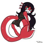  2018 animal_humanoid back_boob big_breasts black_clothing black_hair black_swimwear breasts butt clothed clothing colored eyebrow_through_hair eyebrows female fin_ears finne fish fish_humanoid green_eyes grin hair humanoid long_hair long_tail looking_at_viewer looking_back marine marine_humanoid multicolored_body one-piece_swimsuit presenting presenting_hindquarters rear_view red_body red_skin shark_humanoid shark_tail smile solo solo_focus swimwear teeth that-girl-whodraws translucent translucent_hair white_body white_skin 