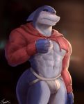  abs anthro blush bulge clothing embarrassed fin fish head_fin hi_res hoodie jockstrap male marine meme meme_clothing muscular muscular_anthro muscular_male pecs shark sirtoastybuns solo standing topwear twitter_hoodie underwear virgin 