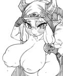  absurd_res adelia_(changbae) big_breasts blush bodily_fluids breasts changbae female goblin hand_on_hip hi_res huge_breasts humanoid monochrome not_furry short_stack simple_background solo sweat white_background 