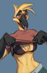  anthro avian beak bird bottomwear bra breasts chest_tuft clothed clothing clothing_lift eyeshadow feathers female fully_clothed head_tuft hi_res mabyn makeup non-mammal_breasts open_beak open_mouth pants red_eyes shirt shirt_lift solo topwear tuft underwear yellow_body yellow_feathers 
