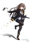  1girl absurdres artist_name bangs black_footwear black_gloves black_jacket black_legwear black_ribbon black_skirt boots brown_eyes brown_hair closed_mouth commentary dated explosive eyebrows_visible_through_hair fingerless_gloves full_body girls_frontline gloves grenade gun h&amp;k_ump45 hair_between_eyes highres holding holding_gun holding_weapon hood hood_down hooded_jacket jacket long_hair long_sleeves looking_at_viewer neck_ribbon object_namesake one_side_up open_clothes open_jacket pantyhose pleated_skirt ribbon scar scar_across_eye shadow shell_casing shirt skirt solo standing standing_on_one_leg stratosphere_(coom1017) submachine_gun throwing tiptoes ump45_(girls_frontline) very_long_hair weapon white_background white_shirt 
