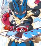  candy chocolate chocolate_bar crossover duel_disk eating food gen_4_pokemon looking_at_viewer lucario mega_lucario mega_pokemon no_humans pokemon pokemon_(creature) red_eyes sobatya solo yu-gi-oh! 