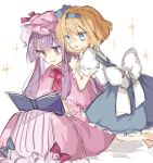  2girls alice_margatroid alice_margatroid_(pc-98) blonde_hair blue_bow blue_dress blue_eyes blue_hairband blue_ribbon book bow commentary_request dress feet_out_of_frame hairband hat hat_ribbon kneeling mob_cap multiple_girls neck_ribbon open_mouth patchouli_knowledge pink_bow pink_dress pink_headwear pink_ribbon purple_eyes purple_hair reading red_neckwear ribbon shirt short_sleeves sitting smile sorani_(kaeru0768) sparkle striped striped_dress touhou touhou_(pc-98) white_background white_bow white_shirt wrist_cuffs 