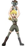  1girl :d absurdres animal armpits arms_up bangs belt black_footwear blonde_hair blunt_bangs boots brown_headwear brown_shirt commentary full_body girls_und_panzer green_eyes green_legwear green_shorts hair_ribbon highres holding holding_animal kamishima_kanon koala koala_forest_military_uniform long_hair looking_to_the_side open_mouth ponytail red_ribbon ribbon sam_browne_belt shirt shorts simple_background sleeveless sleeveless_shirt slouch_hat smile solo standing thighhighs v-shaped_eyebrows wallaby_(girls_und_panzer) white_background zipper 