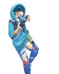  1girl bangs black_gloves blue_footwear blue_hair blue_jacket blue_pants brown_eyes dual_wielding feet_out_of_frame gas_mask gloves graffiti_tracer gun highres holding holding_gun holding_weapon hood hood_up hooded_jacket jacket long_sleeves looking_at_viewer one_eye_closed overwatch pants shoes simple_background solo standing standing_on_one_leg stratosphere_(coom1017) tracer_(overwatch) weapon white_background 