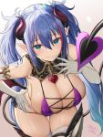  1girl bangs blue_eyes blue_hair blush breasts cleavage demon_girl demon_horns demon_tail ear_piercing elbow_gloves eyebrows_visible_through_hair gloves grey_background hair_between_eyes hand_on_hip highres horns huge_breasts long_hair looking_at_viewer low_wings multicolored_hair oekakizuki original piercing pink_hair pointy_ears signature simple_background smile solo streaked_hair succubus tail thighhighs twintails white_gloves white_legwear wings 