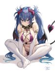  1girl annoyed artist_name bangs bikini blue_eyes blue_hair blush breasts commentary_request criss-cross_halter demon_girl demon_horns demon_tail demon_wings earrings elbow_gloves gloves halterneck highres horns indian_style jewelry large_breasts long_hair multicolored multicolored_eyes multicolored_hair navel no_shoes oekakizuki original plump pointy_ears purple_bikini purple_eyes purple_hair sidelocks simple_background sitting solo streaked_hair succubus swimsuit tail twintails very_long_hair white_background white_gloves white_legwear wings 