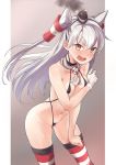  1girl amatsukaze_(kantai_collection) bangs blush breasts covering covering_breasts eyebrows_visible_through_hair fang gloves grey_hair grey_neckwear hair_ornament hair_tubes highres kantai_collection long_hair long_sleeves neckerchief nose_blush open_mouth partially_visible_vulva rampage_2nd red_legwear simple_background single_glove small_breasts smoke smokestack smokestack_hair_ornament solo striped striped_legwear thighhighs two_side_up white_gloves yellow_eyes 
